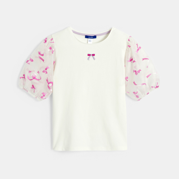 تيشيرت بأكمام قصيرة مزين بربطة، باللون الأبيض للفتيات